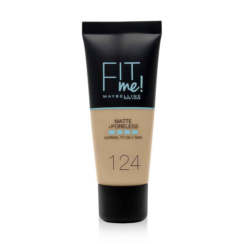 Maybelline Fit Me Matte + Poreless Foundation in shade 124, in a squeeze tube with a black cap and a beige body showing the foundation color.